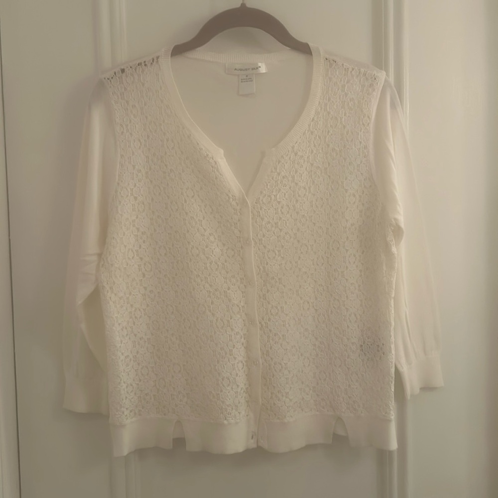 White lace split v front, 3/4 sleeve cardigan. Size M. Never worn.